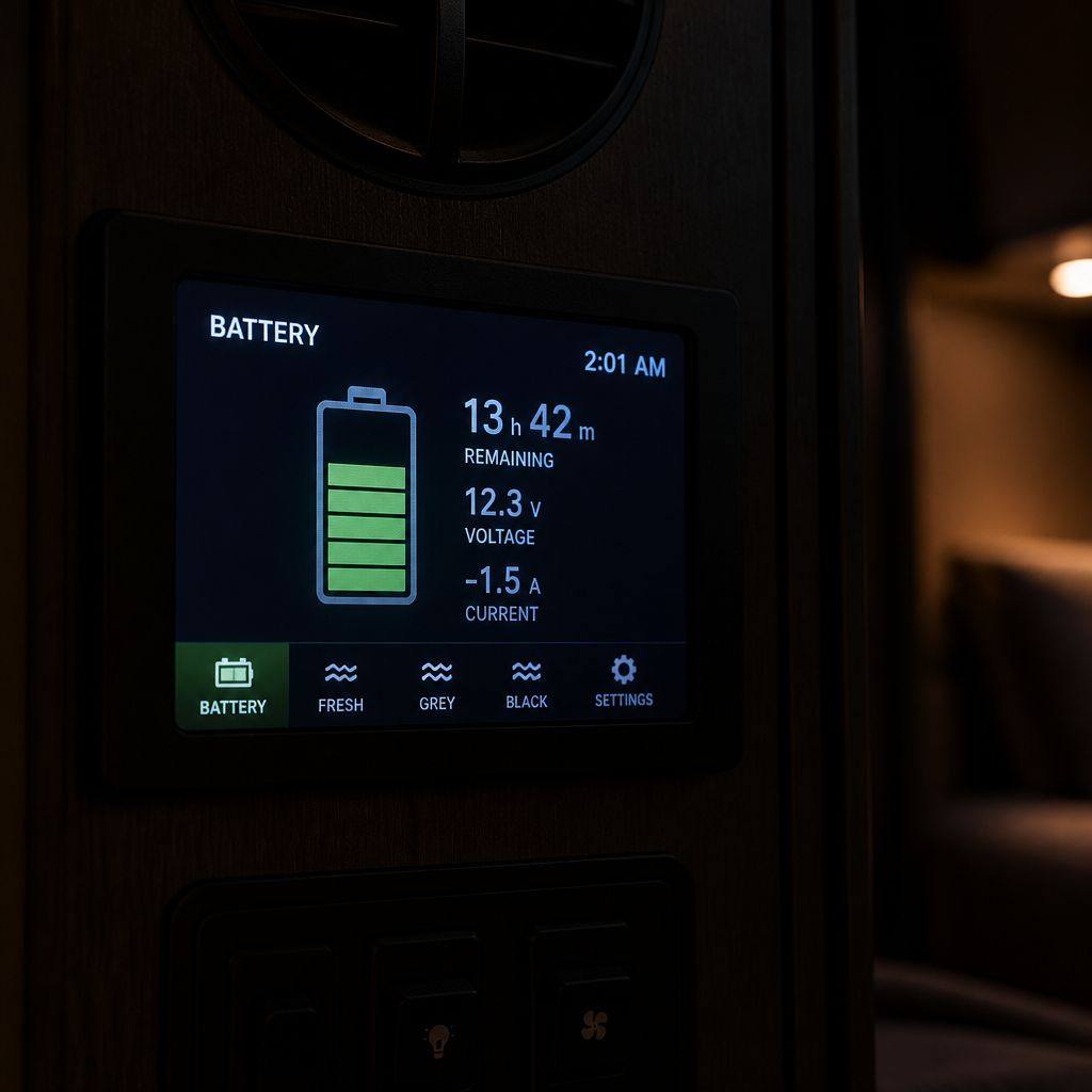 Monitor glowing at 2 a.m. showing battery level and hours remaining