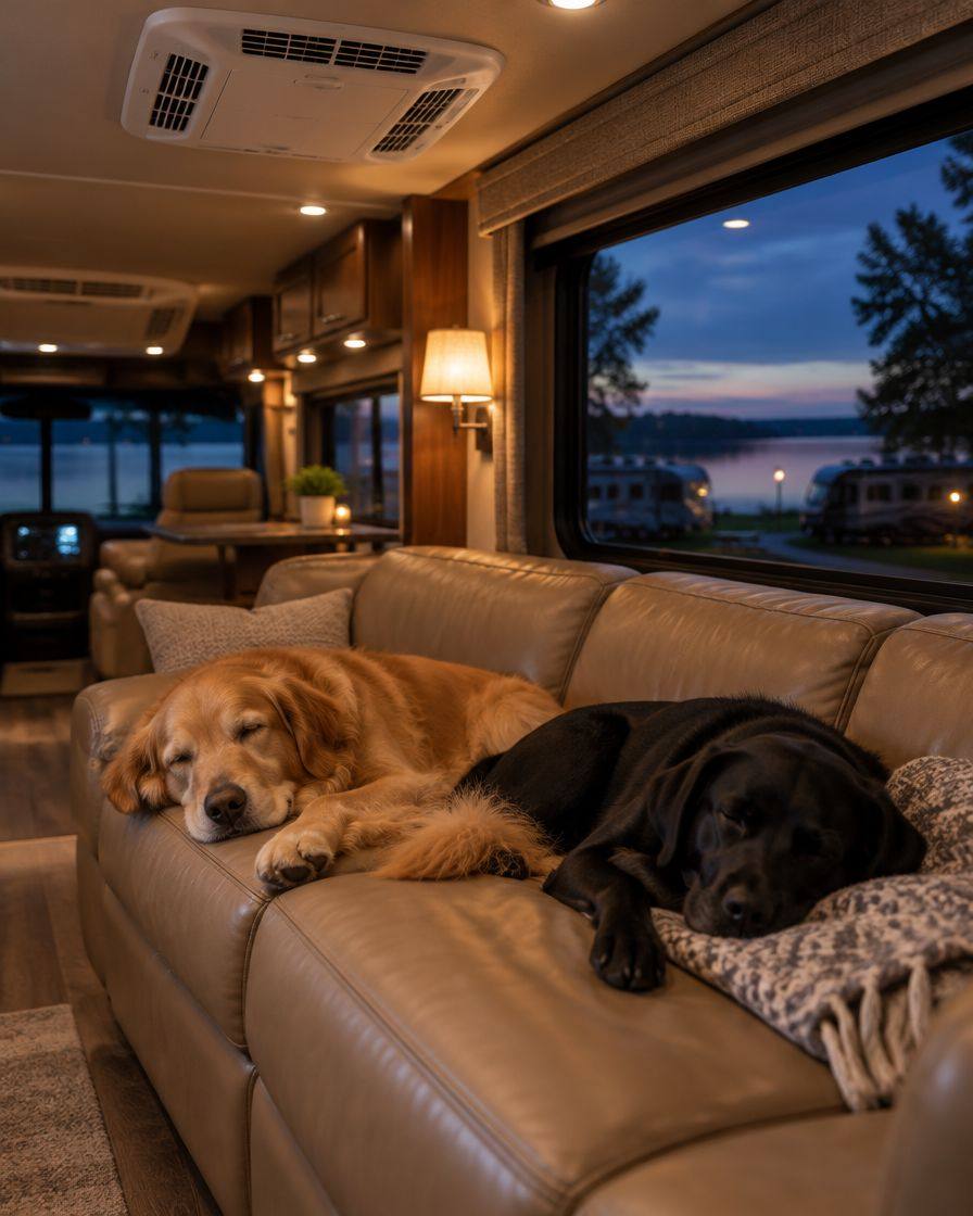 Two dogs resting on a motorhome couch under the A/C vent
