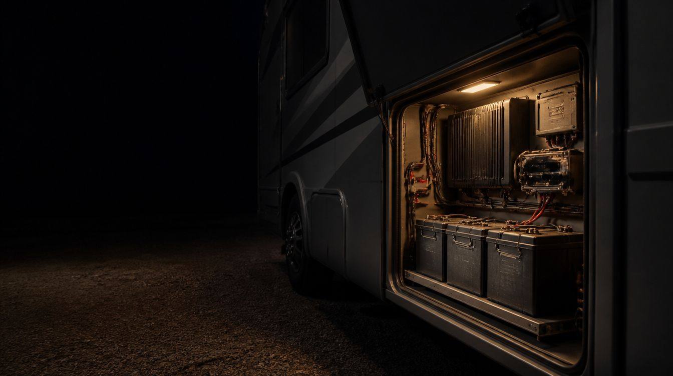 Open motorhome bay at night with batteries and an inverter lit by a work light
