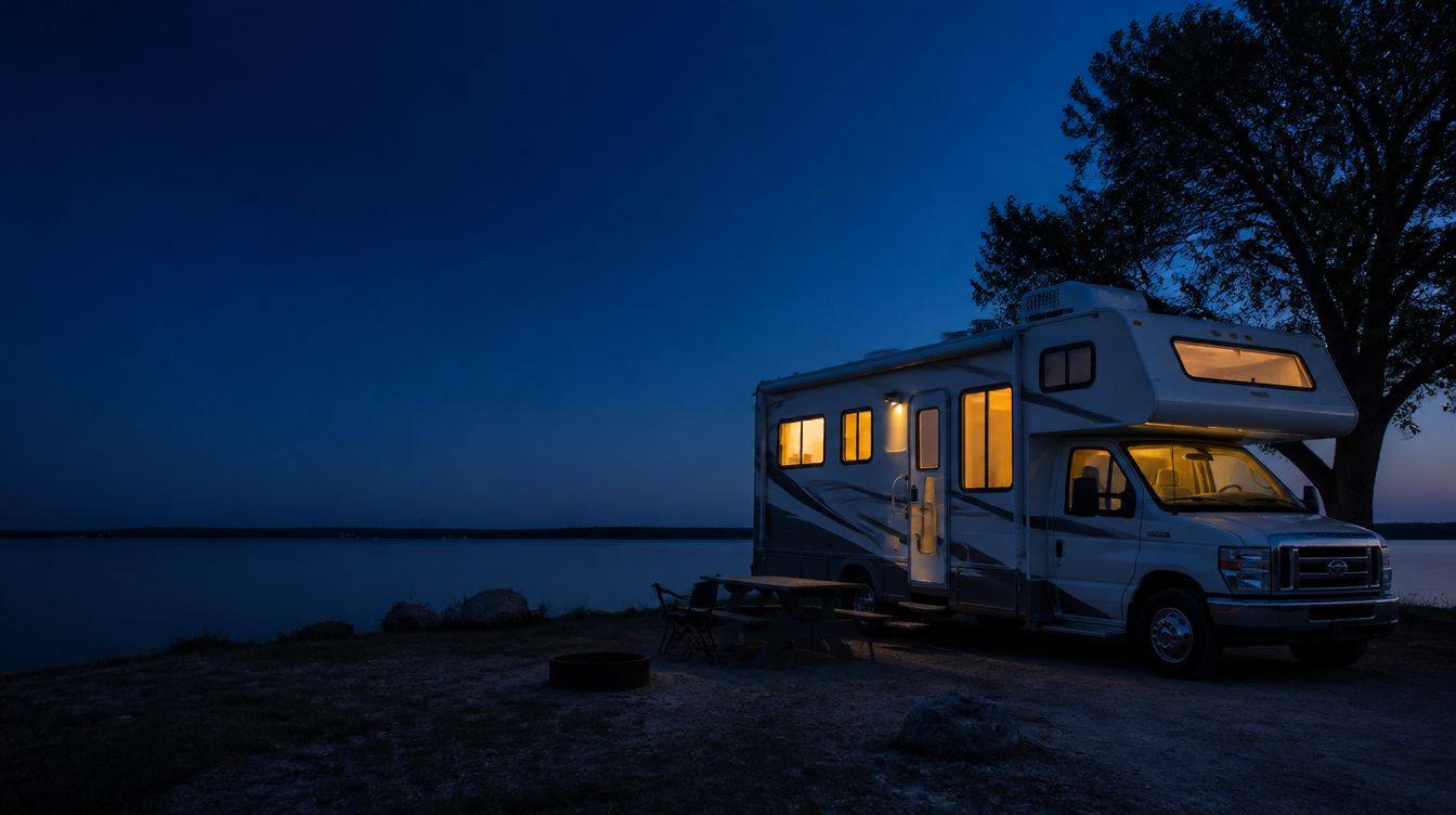 Class C motorhome at a lakeside campsite at blue hour with its windows lit