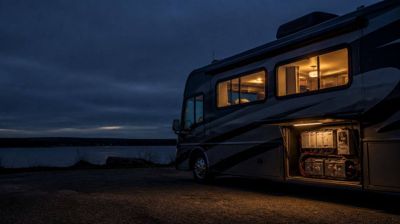 Class A motorhome parked by a lake at dusk with warm interior lights and its battery bay open