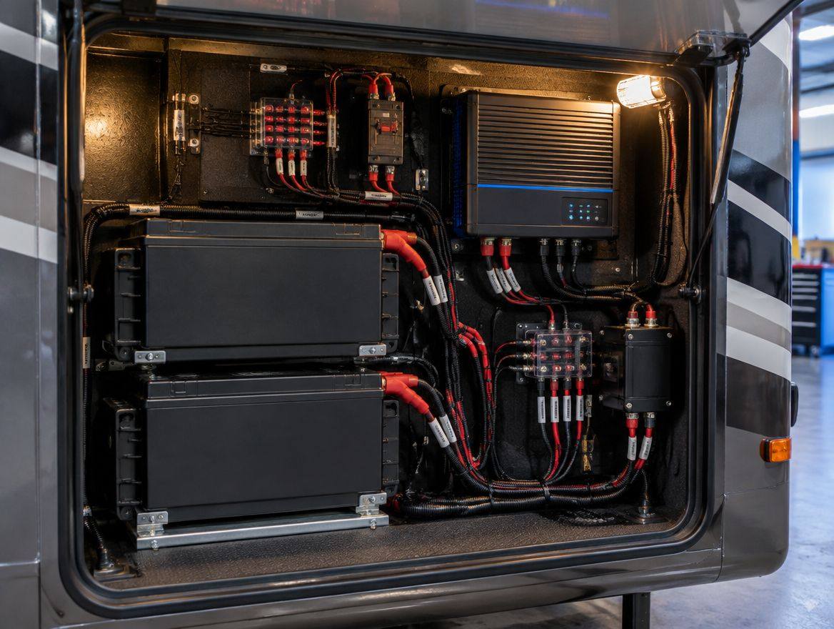 Motorhome bay with batteries, inverter and routed cabling installed