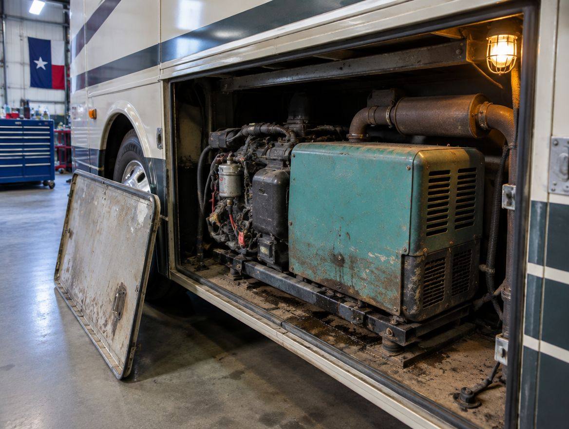 Old generator in a motorhome bay with the cover off