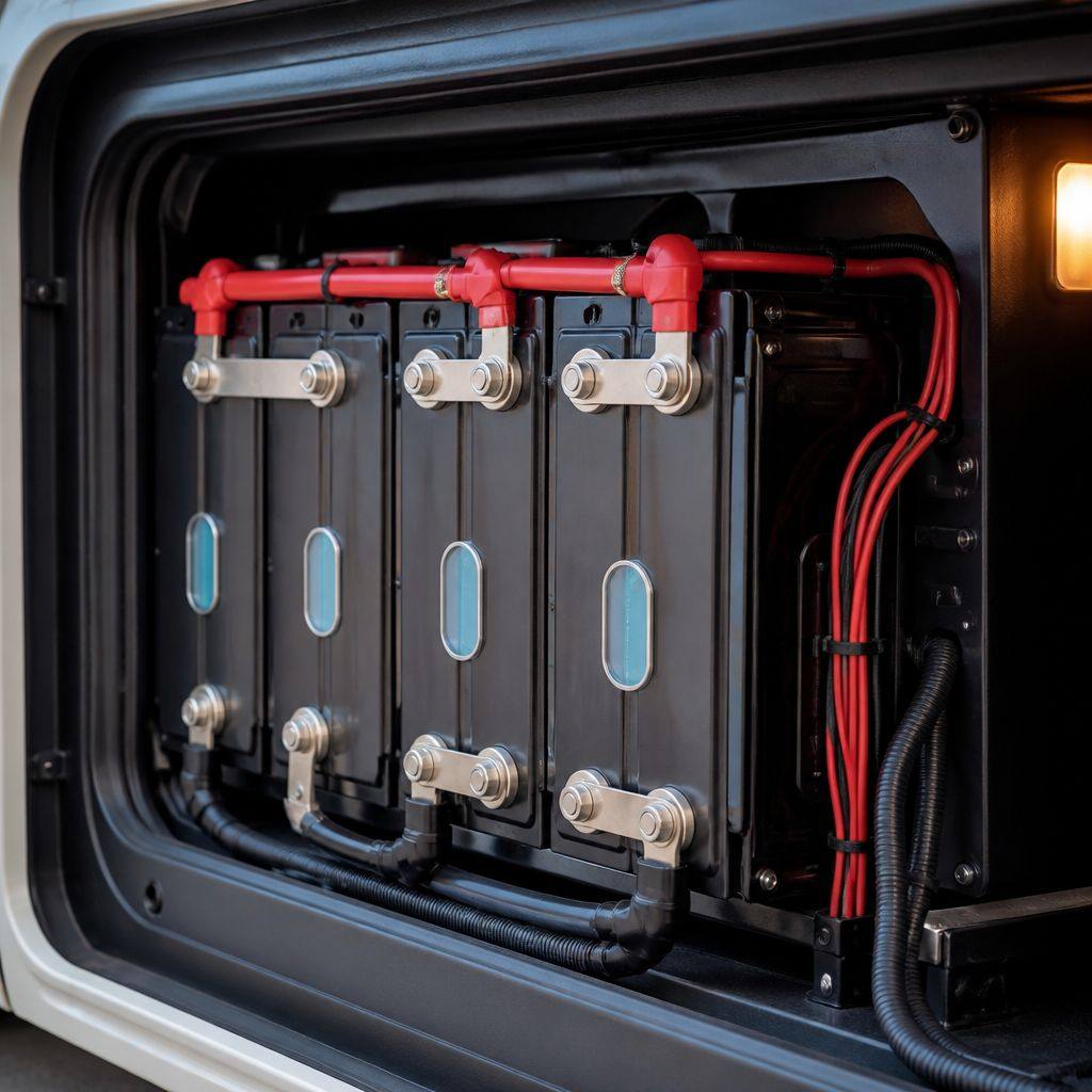 Bank of lithium batteries with red and black cabling in a motorhome bay