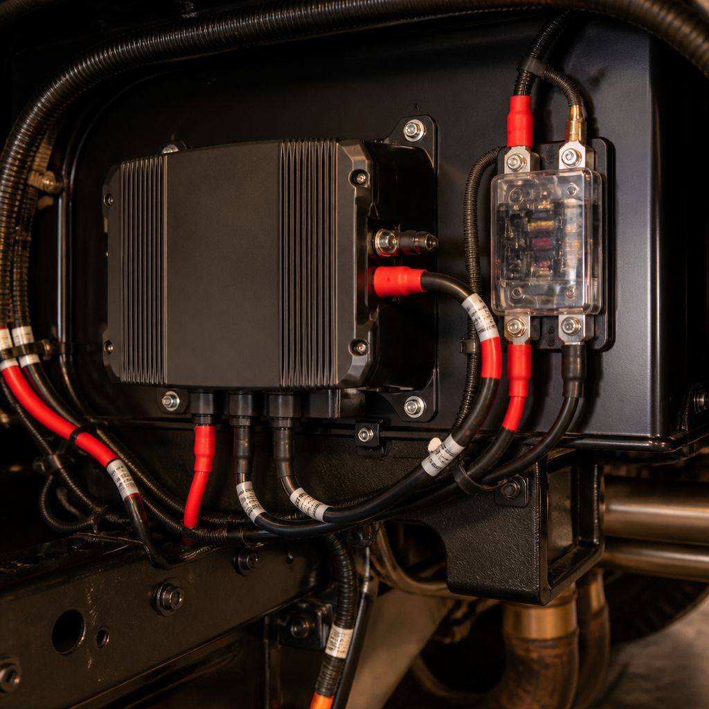 Alternator charging unit with red cabling and an inline fuse