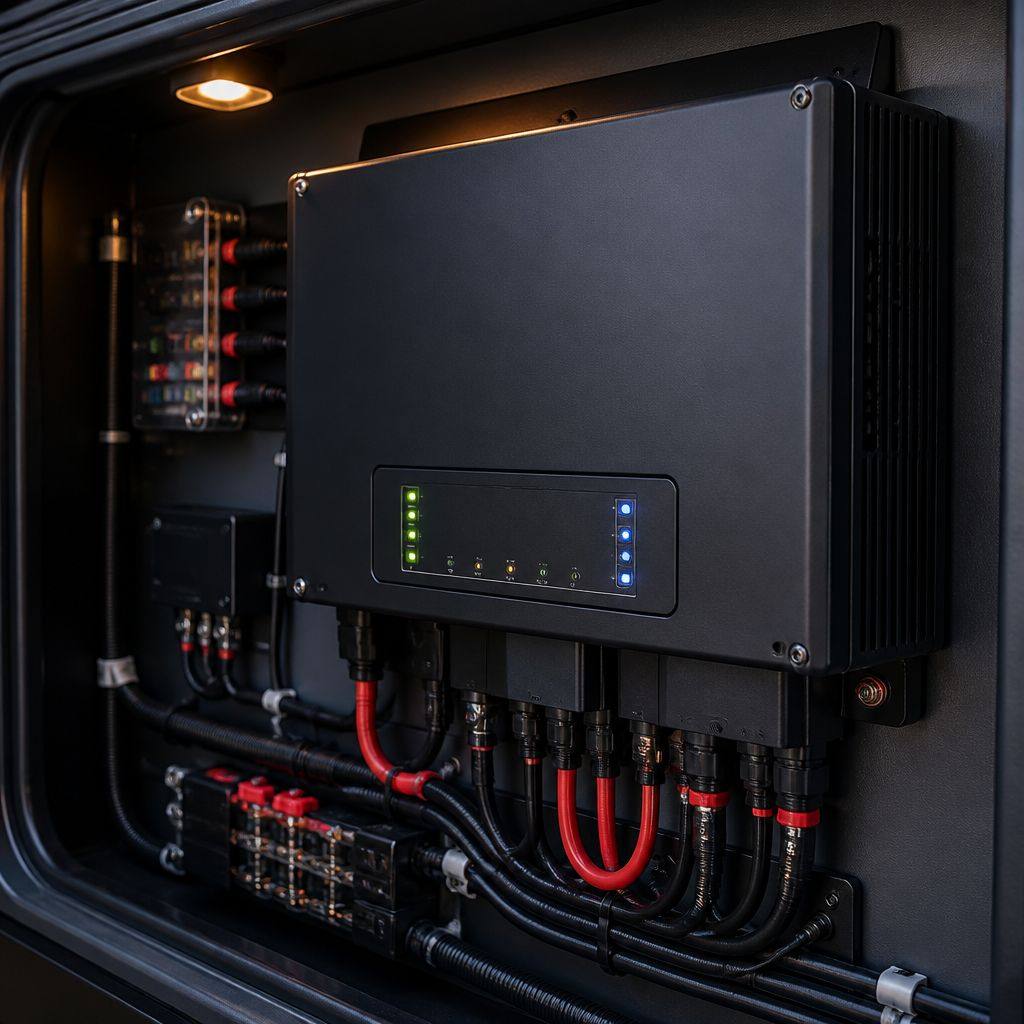 Inverter mounted in a motorhome bay with status lights and routed cabling