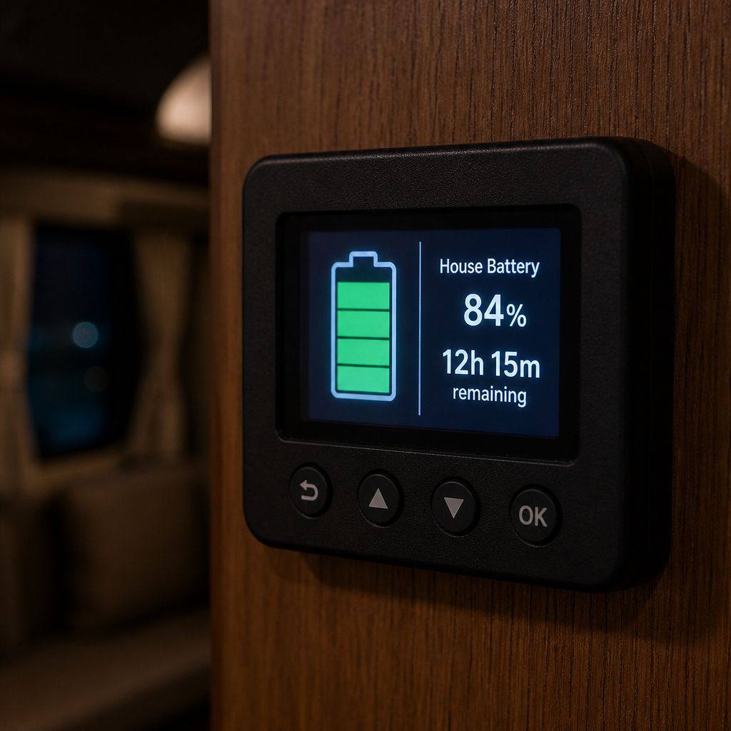 Wall-mounted monitor showing the house battery at 84 percent with 12 hours 15 minutes remaining