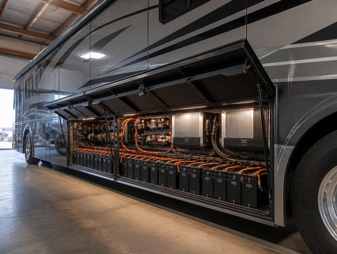 Long motorhome bay filled with a heavy-duty battery bank and multiple inverters