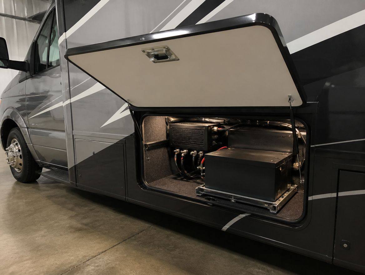 Class C motorhome with its bay door raised, showing a compact battery and inverter install