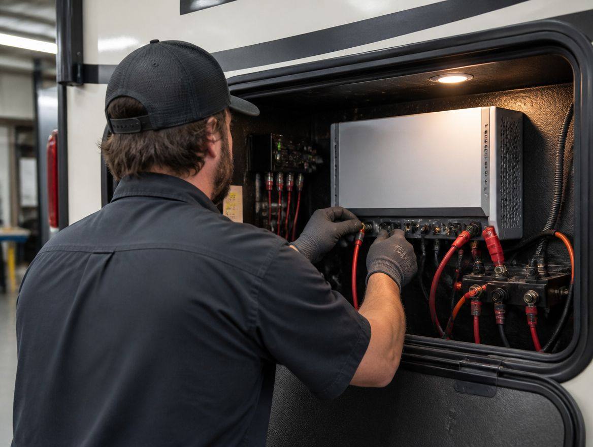 Technician wiring an inverter in a motorhome bay, back to camera